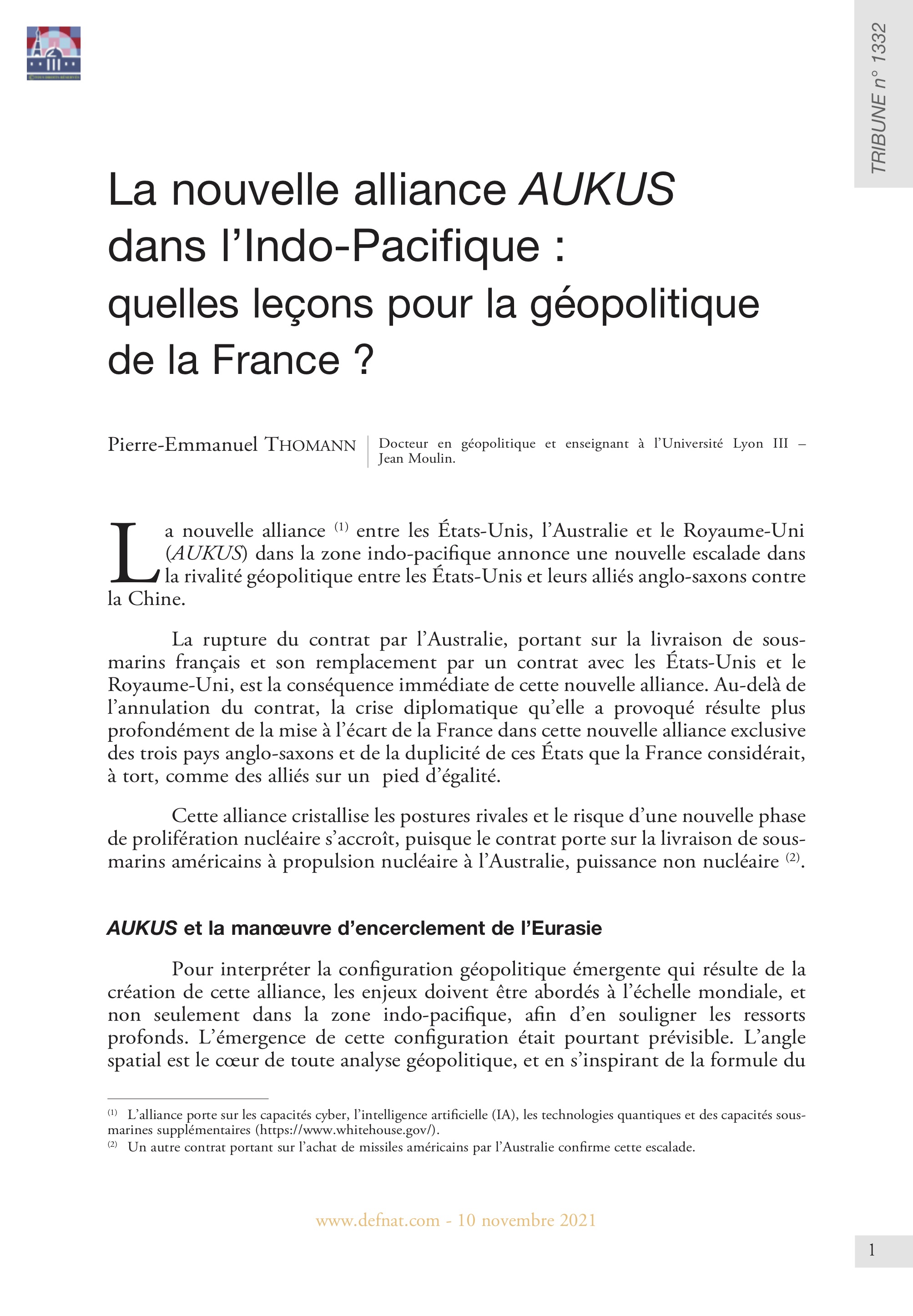 La nouvelle alliance AUKUS dans l’Indo-Pacifique : quelles leçons pour la géopolitique de la France ? (T 1332)
